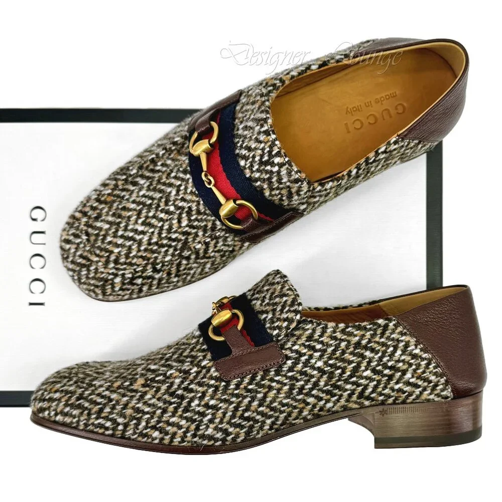 NEW GUCCI Horsebit Herringbone Tweed & Leather Loafers G 8 / US 8.5 Authentic - Picture 1 of 10